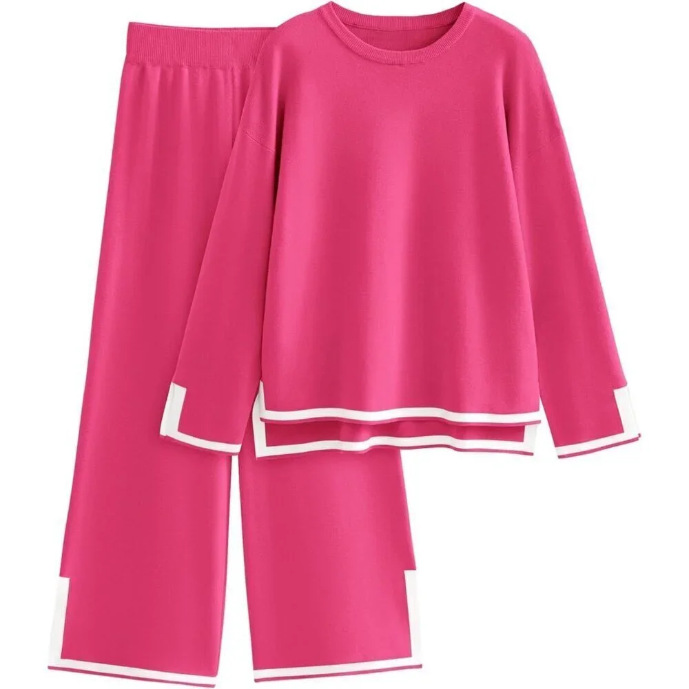 Women's Rose Red Long Sleeve Knit Sweater Top & Wide Leg Pants Lounge Set